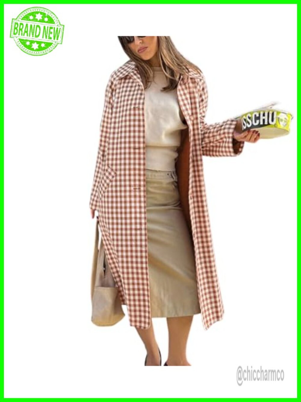 Plaid Long Trench Coat Single Breasted Button Down Casual Overcoat